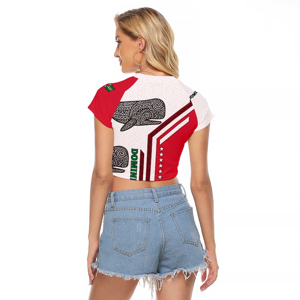 Dominica Flag Raglan Cropped T Shirt Tribal Turtle Pattern Red and White with Island Stars Design - Wonder Print Shop