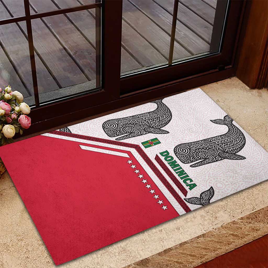 Dominica Flag Rubber Doormat Tribal Turtle Pattern Red and White with Island Stars Design - Wonder Print Shop