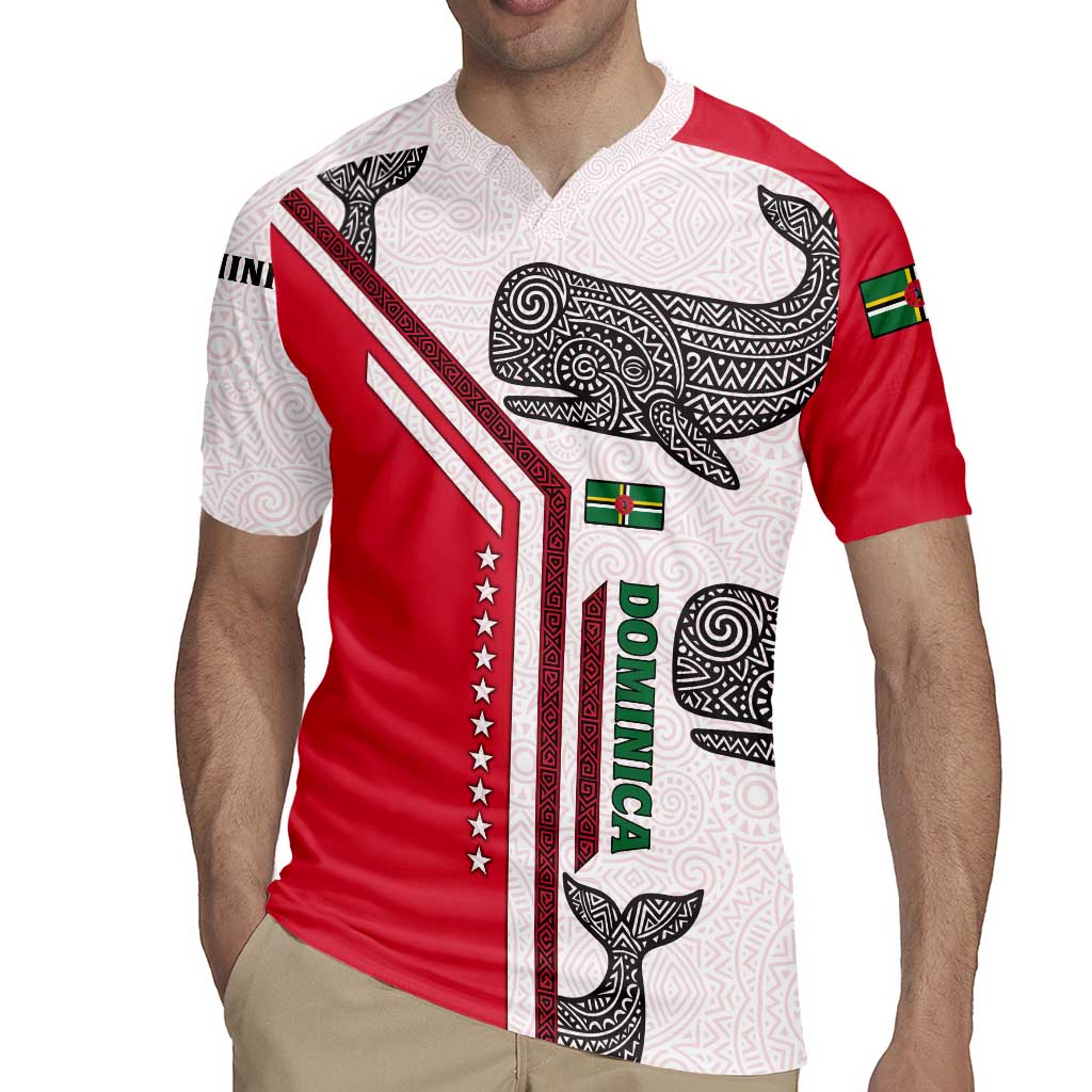 Dominica Flag Rugby Jersey Tribal Turtle Pattern Red and White with Island Stars Design - Wonder Print Shop