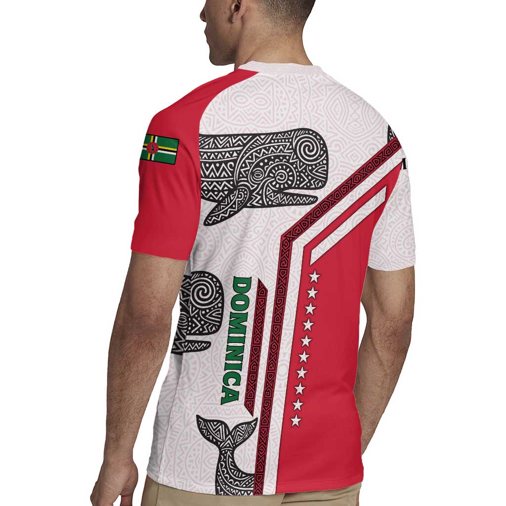 Dominica Flag Rugby Jersey Tribal Turtle Pattern Red and White with Island Stars Design - Wonder Print Shop