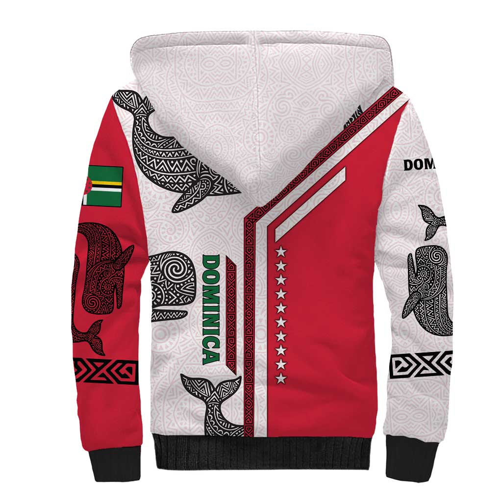 Dominica Flag Sherpa Hoodie Tribal Turtle Pattern Red and White with Island Stars Design - Wonder Print Shop