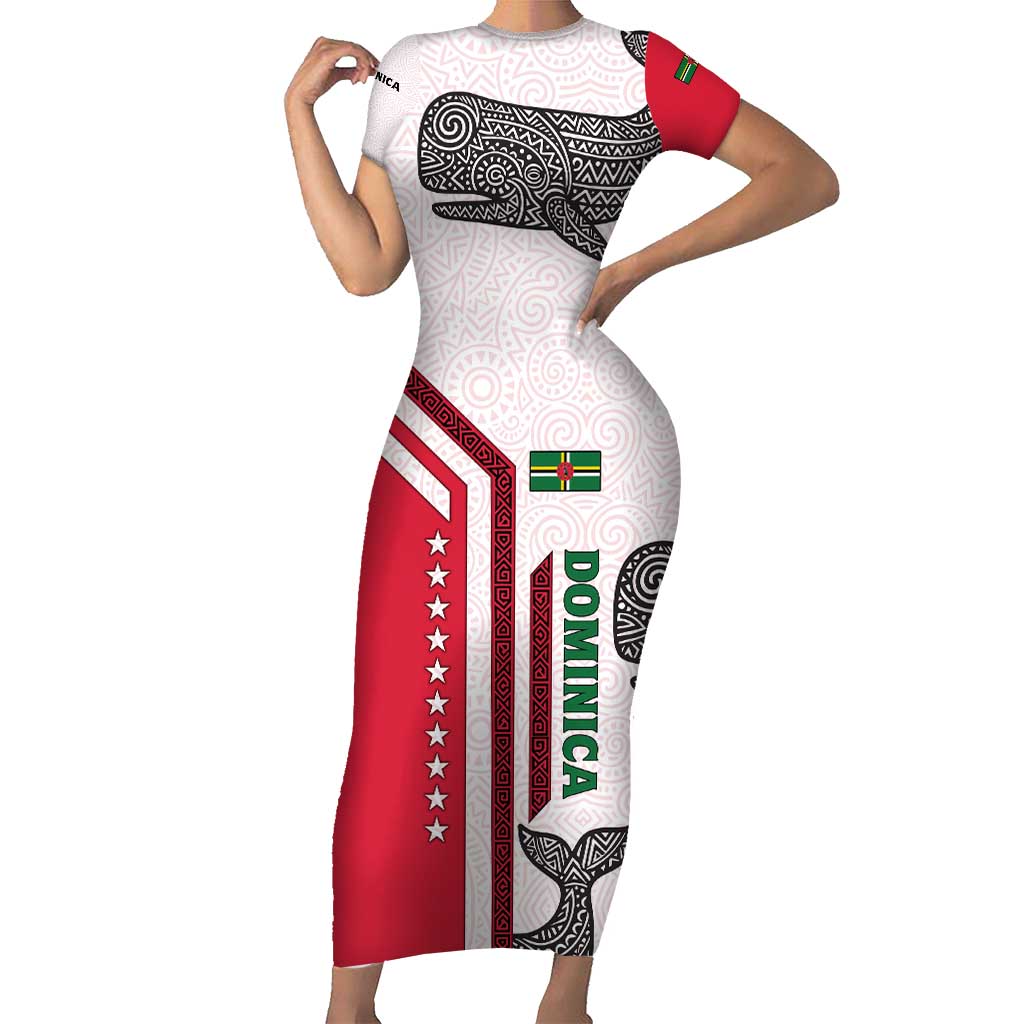 Dominica Flag Short Sleeve Bodycon Dress Tribal Turtle Pattern Red and White with Island Stars Design - Wonder Print Shop