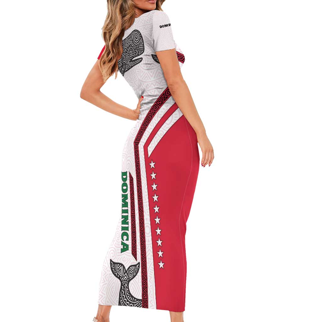 Dominica Flag Short Sleeve Bodycon Dress Tribal Turtle Pattern Red and White with Island Stars Design - Wonder Print Shop