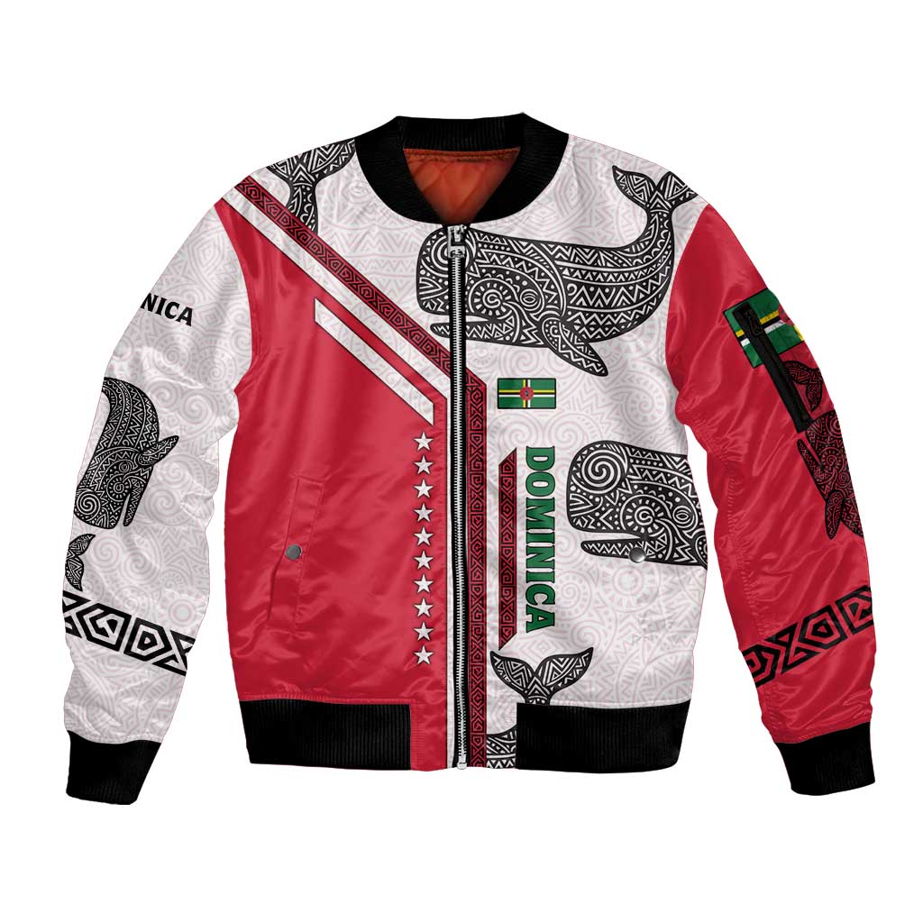 Dominica Flag Sleeve Zip Bomber Jacket Tribal Turtle Pattern Red and White with Island Stars Design - Wonder Print Shop