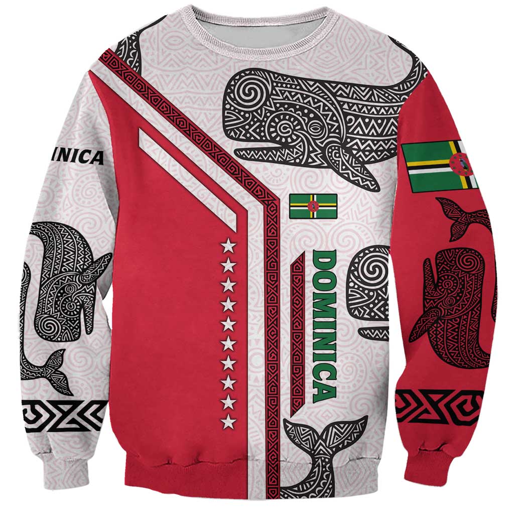 Dominica Flag Sweatshirt Tribal Turtle Pattern Red and White with Island Stars Design - Wonder Print Shop