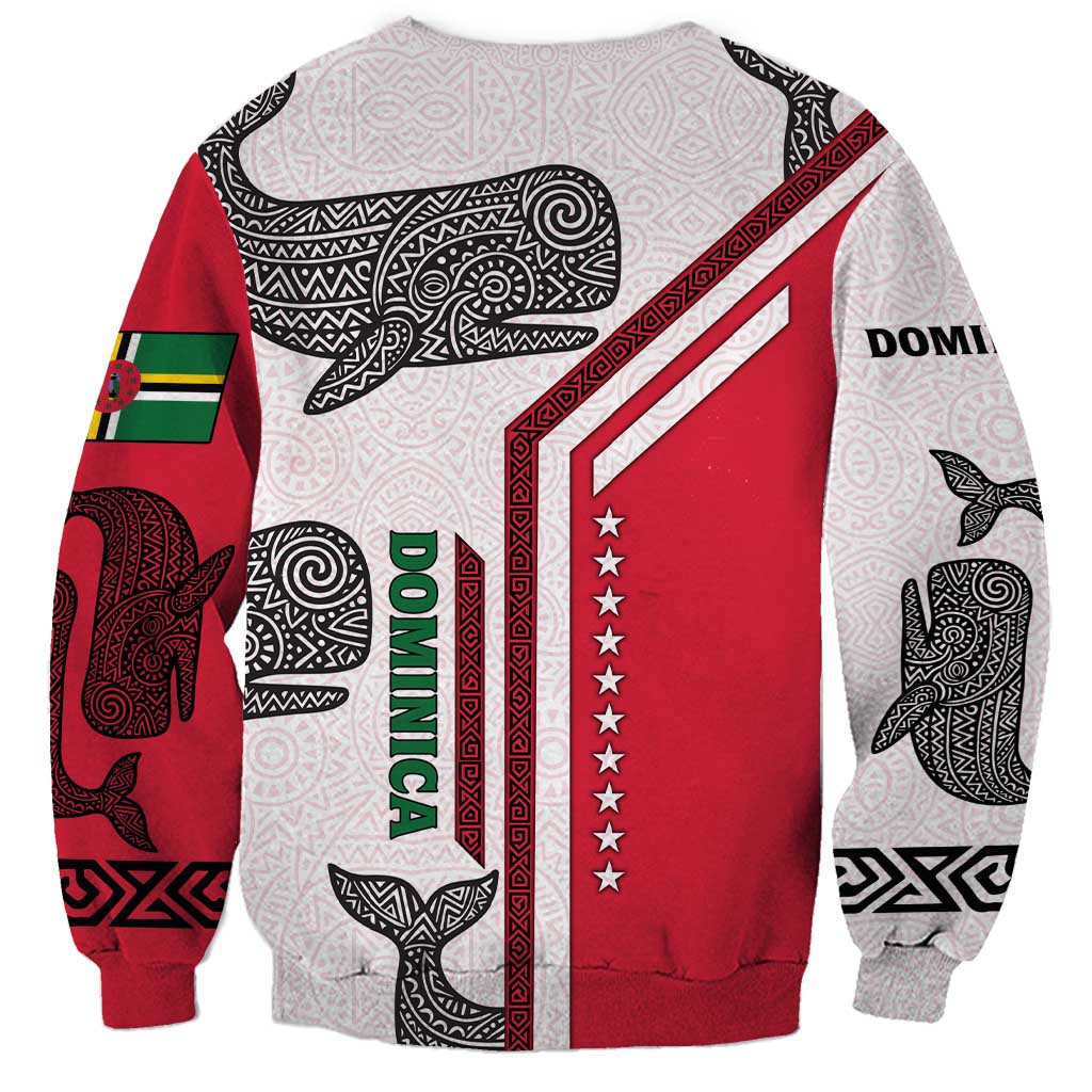 Dominica Flag Sweatshirt Tribal Turtle Pattern Red and White with Island Stars Design - Wonder Print Shop