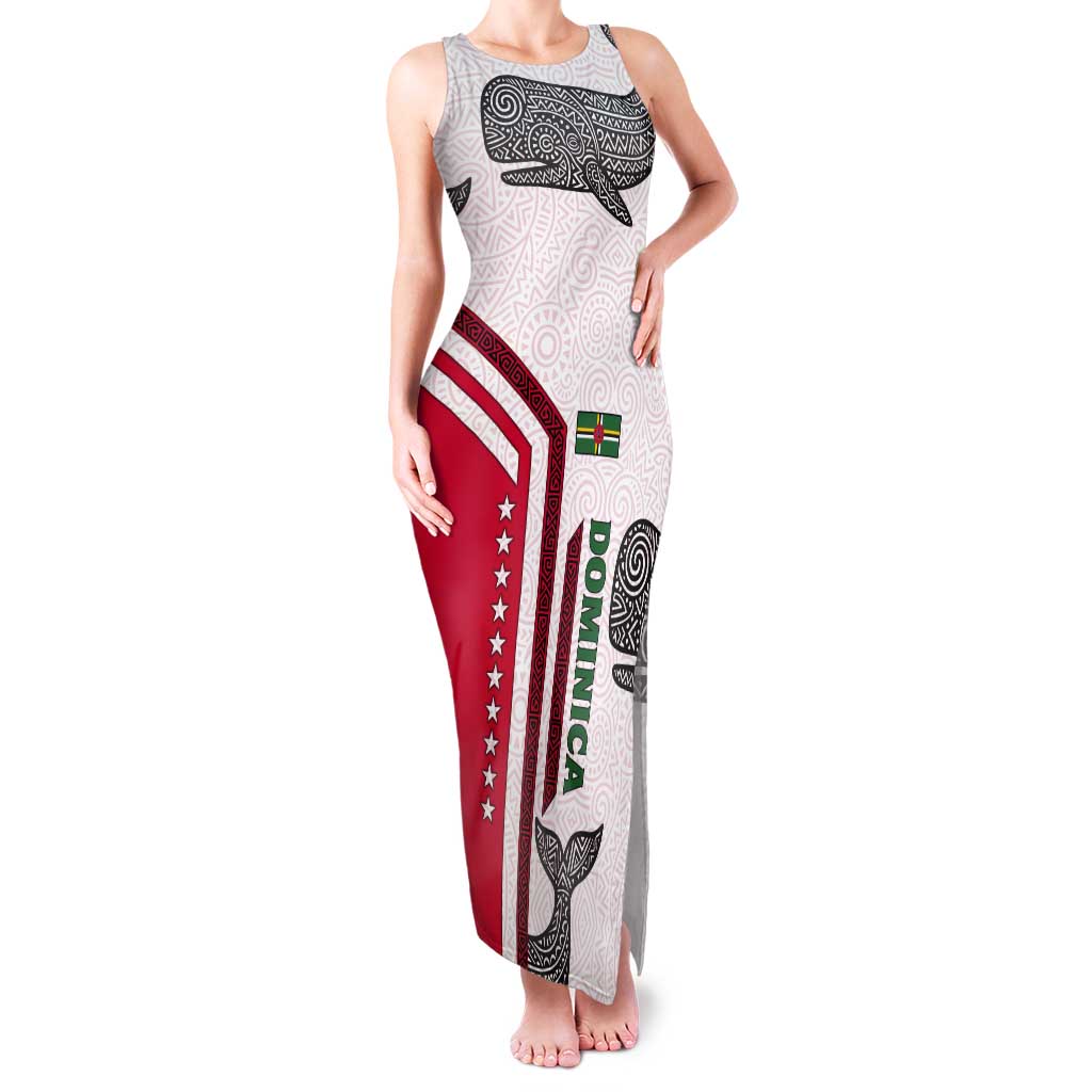 Dominica Flag Tank Maxi Dress Tribal Turtle Pattern Red and White with Island Stars Design - Wonder Print Shop
