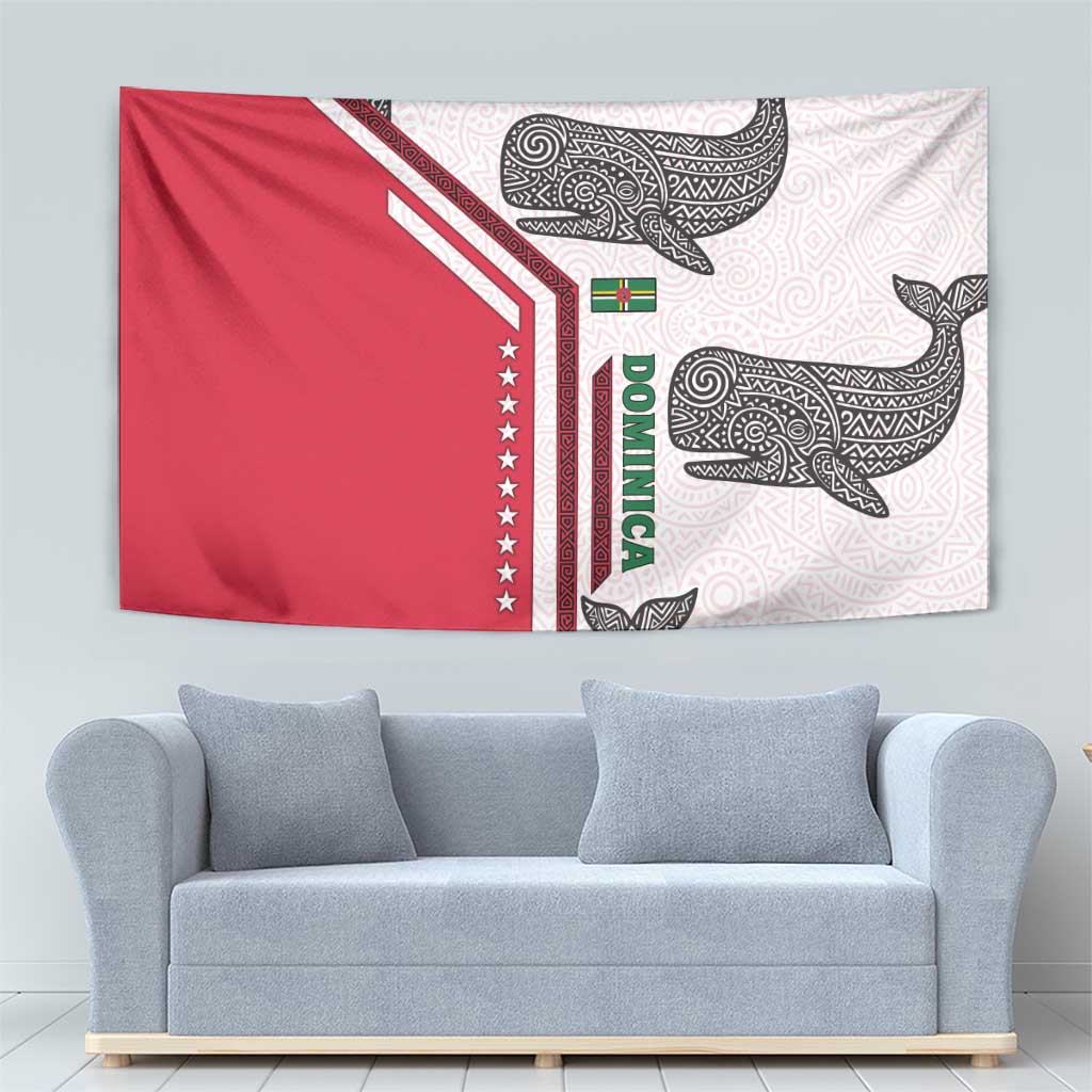 Dominica Flag Tapestry Tribal Turtle Pattern Red and White with Island Stars Design - Wonder Print Shop