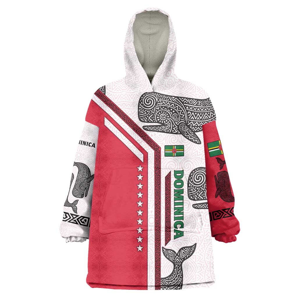 Dominica Flag Wearable Blanket Hoodie Tribal Turtle Pattern Red and White with Island Stars Design - Wonder Print Shop