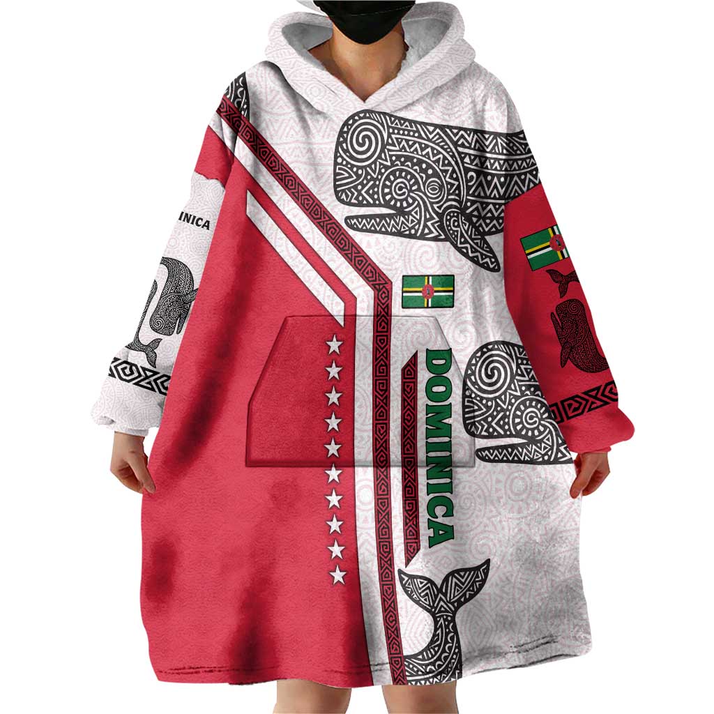 Dominica Flag Wearable Blanket Hoodie Tribal Turtle Pattern Red and White with Island Stars Design - Wonder Print Shop