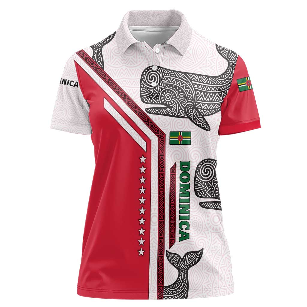 Dominica Flag Women Polo Shirt Tribal Turtle Pattern Red and White with Island Stars Design - Wonder Print Shop