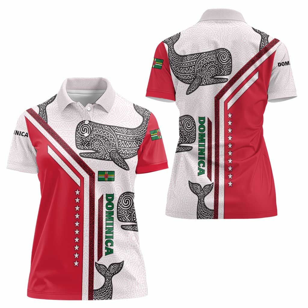 Dominica Flag Women Polo Shirt Tribal Turtle Pattern Red and White with Island Stars Design - Wonder Print Shop