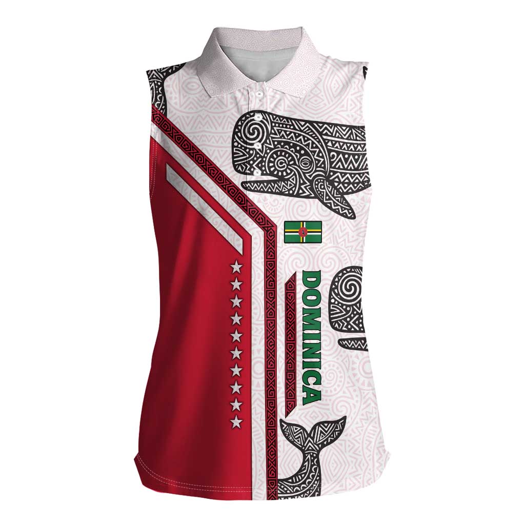 Dominica Flag Women Sleeveless Polo Shirt Tribal Turtle Pattern Red and White with Island Stars Design - Wonder Print Shop
