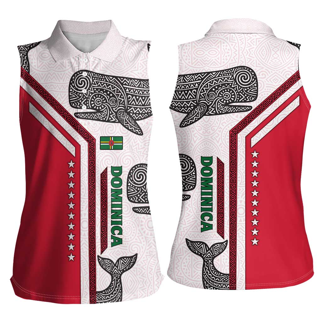 Dominica Flag Women Sleeveless Polo Shirt Tribal Turtle Pattern Red and White with Island Stars Design - Wonder Print Shop