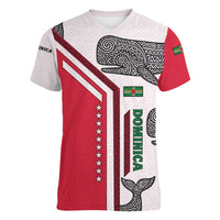Dominica Flag Women V-Neck T-Shirt Tribal Turtle Pattern Red and White with Island Stars Design - Wonder Print Shop