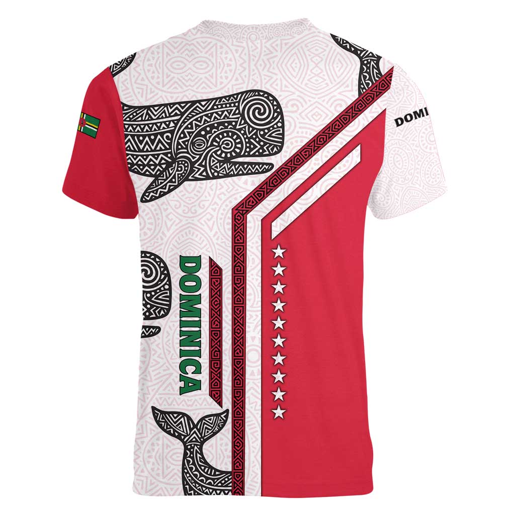 Dominica Flag Women V-Neck T-Shirt Tribal Turtle Pattern Red and White with Island Stars Design - Wonder Print Shop