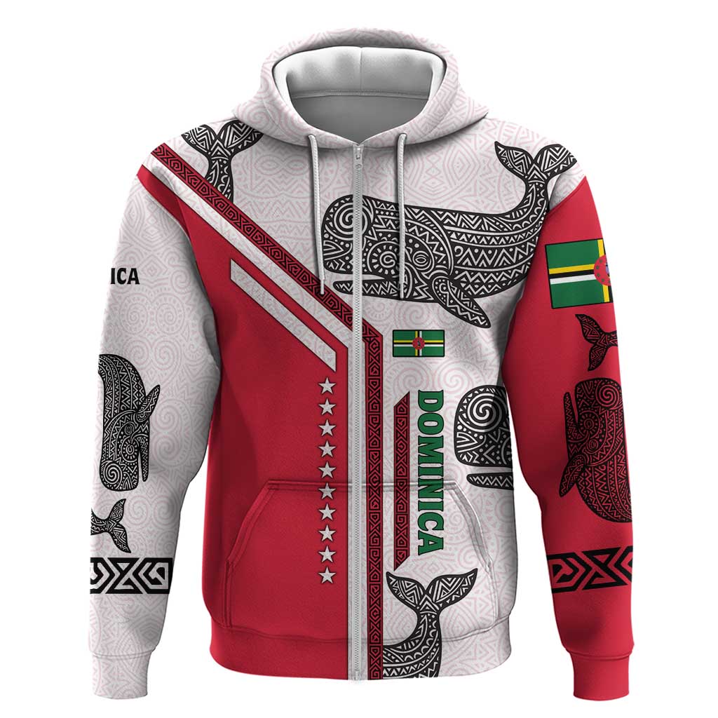 Dominica Flag Zip Hoodie Tribal Turtle Pattern Red and White with Island Stars Design - Wonder Print Shop