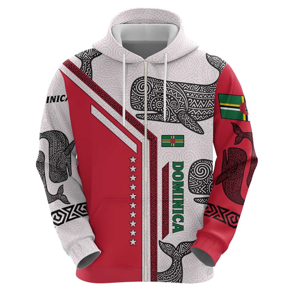 Dominica Flag Zip Hoodie Tribal Turtle Pattern Red and White with Island Stars Design - Wonder Print Shop