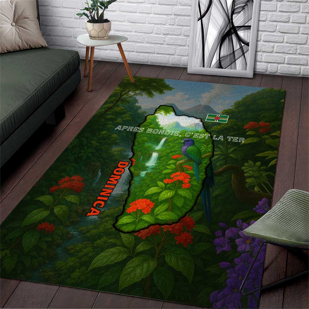 Dominica Nature Area Rug Sisserou Parrot and Waterfall Island Map with National Flag Design - Wonder Print Shop