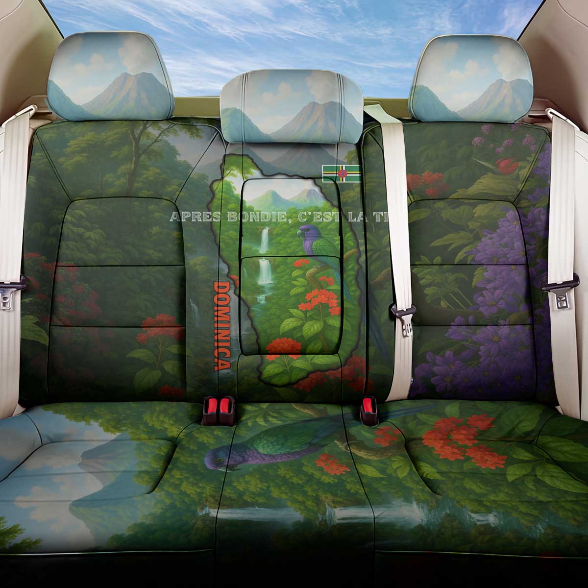 Dominica Nature Back Car Seat Cover Sisserou Parrot and Waterfall Island Map with National Flag Design - Wonder Print Shop