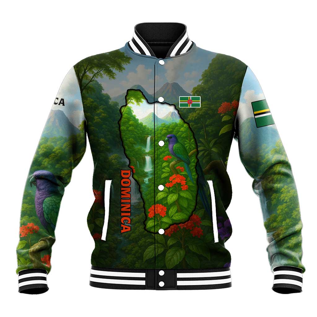 Dominica Nature Baseball Jacket Sisserou Parrot and Waterfall Island Map with National Flag Design - Wonder Print Shop