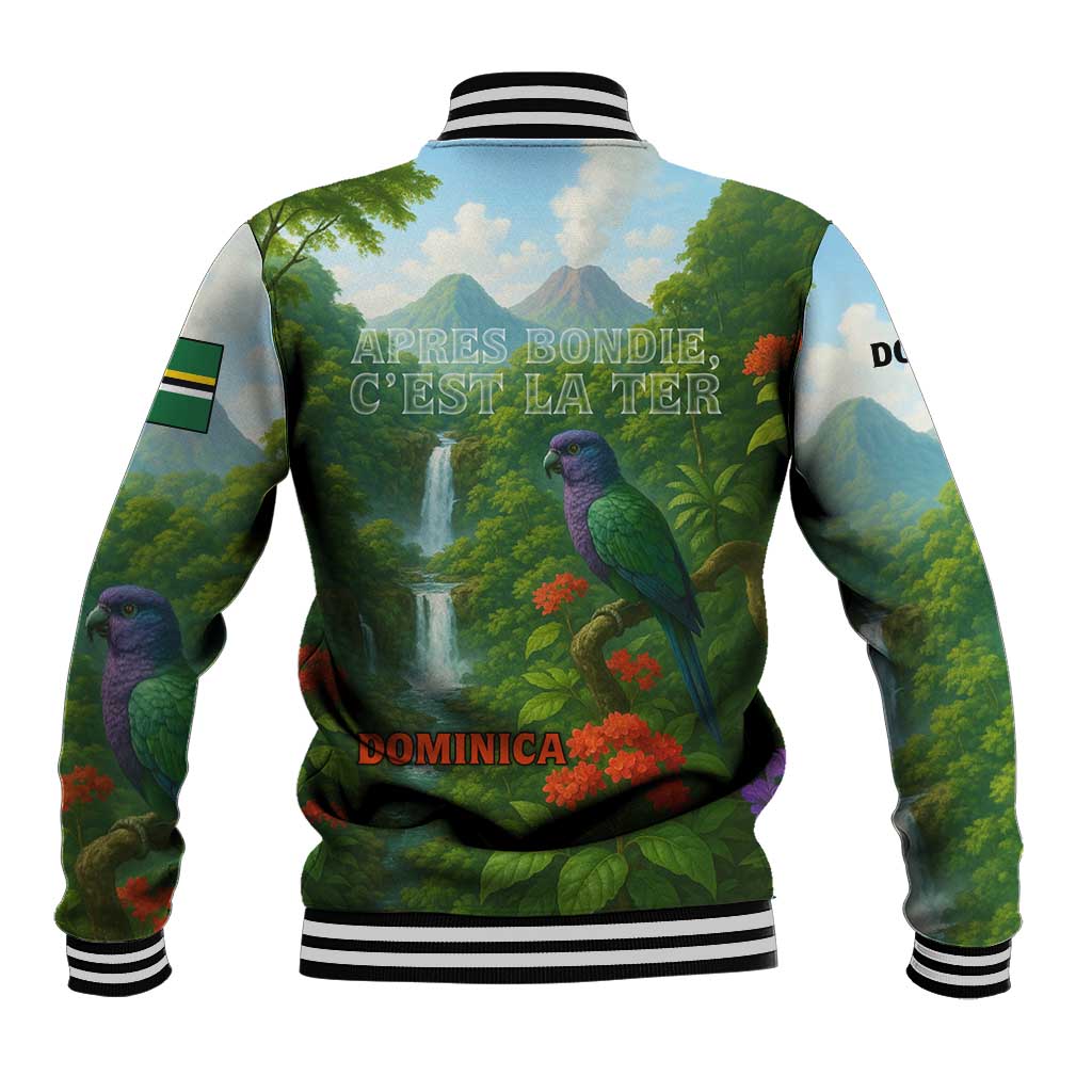 Dominica Nature Baseball Jacket Sisserou Parrot and Waterfall Island Map with National Flag Design - Wonder Print Shop