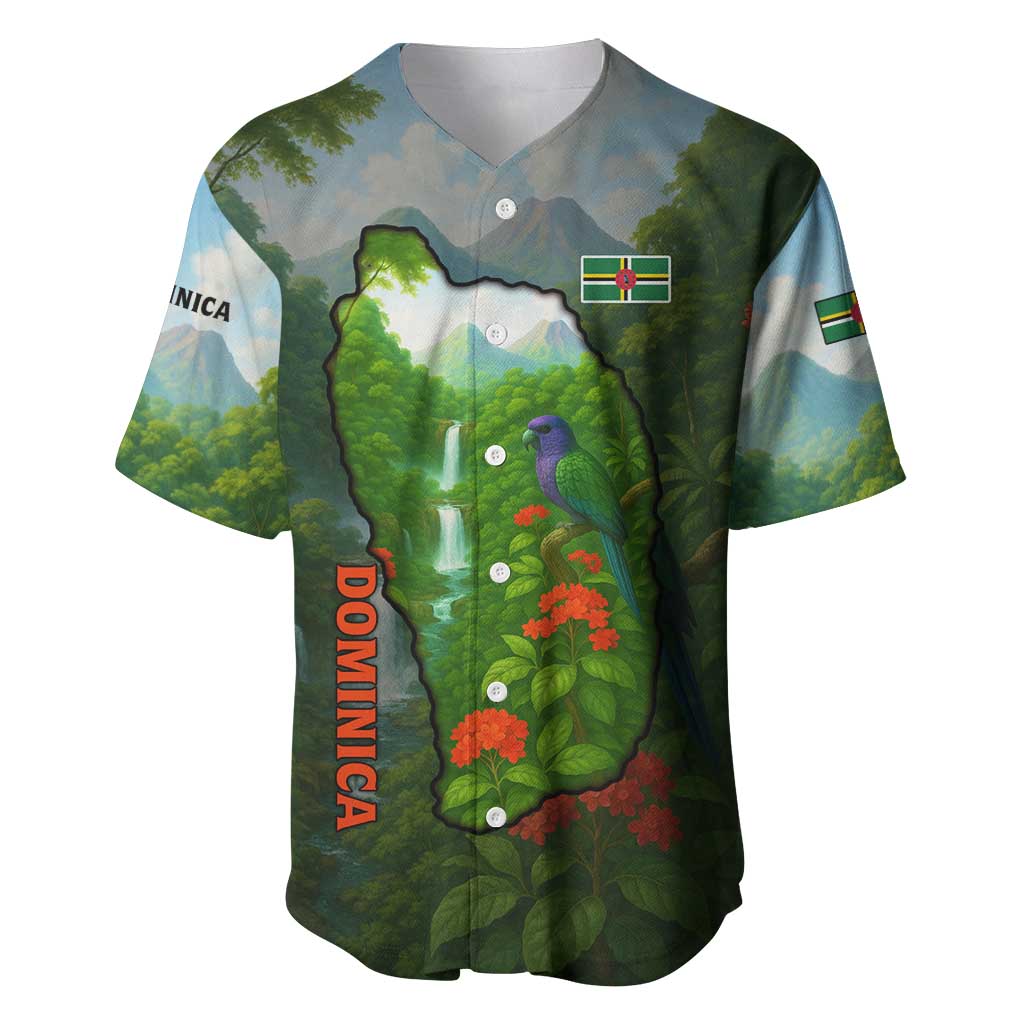 Dominica Nature Baseball Jersey Sisserou Parrot and Waterfall Island Map with National Flag Design - Wonder Print Shop
