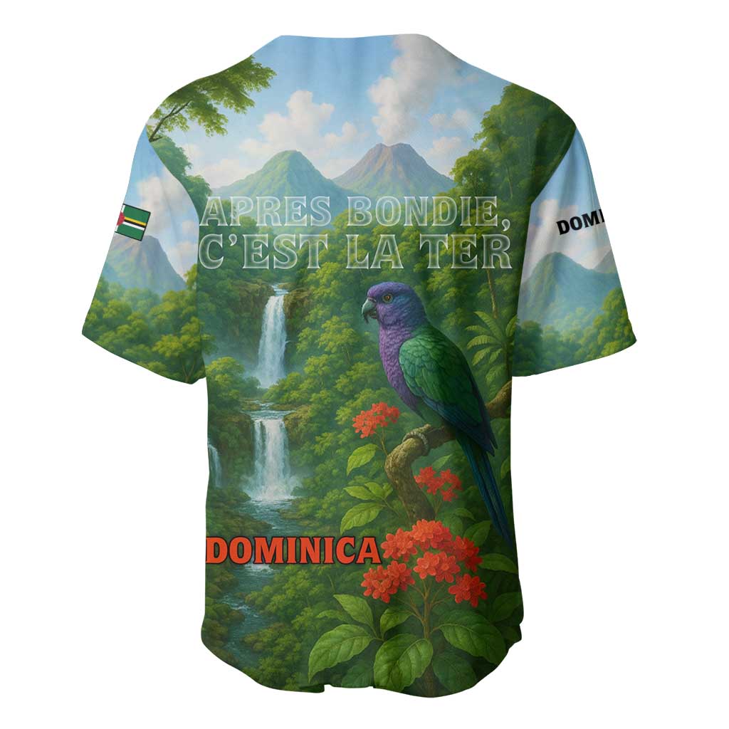 Dominica Nature Baseball Jersey Sisserou Parrot and Waterfall Island Map with National Flag Design - Wonder Print Shop
