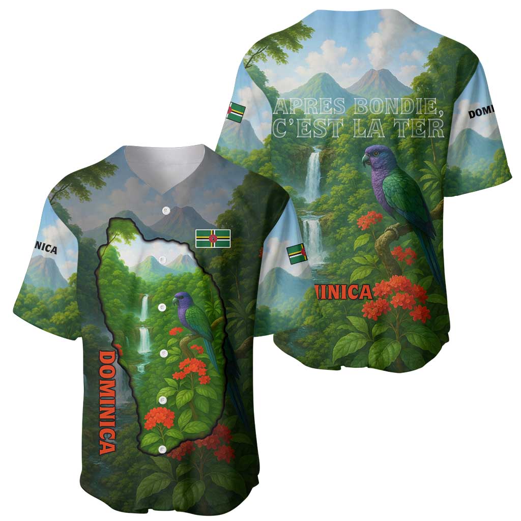 Dominica Nature Baseball Jersey Sisserou Parrot and Waterfall Island Map with National Flag Design - Wonder Print Shop