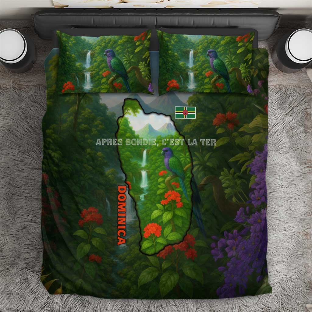 Dominica Nature Bedding Set Sisserou Parrot and Waterfall Island Map with National Flag Design - Wonder Print Shop