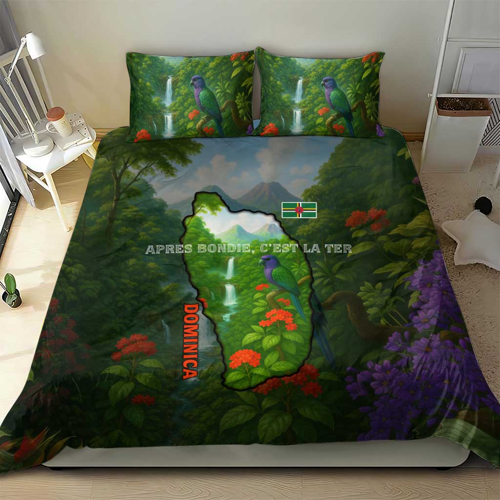 Dominica Nature Bedding Set Sisserou Parrot and Waterfall Island Map with National Flag Design - Wonder Print Shop