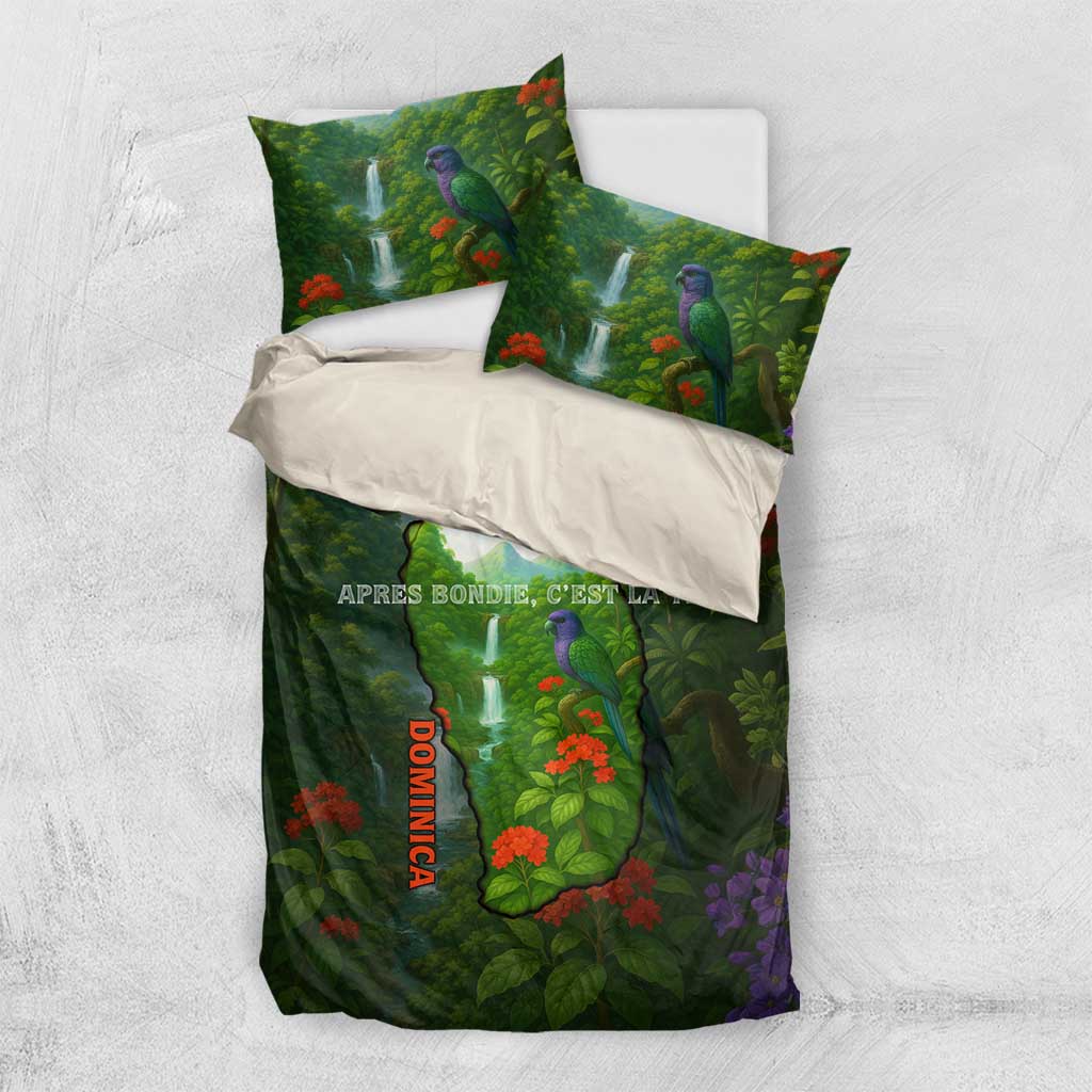 Dominica Nature Bedding Set Sisserou Parrot and Waterfall Island Map with National Flag Design - Wonder Print Shop