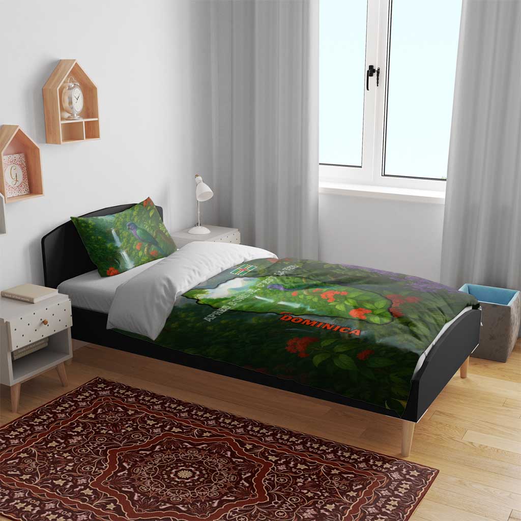 Dominica Nature Bedding Set Sisserou Parrot and Waterfall Island Map with National Flag Design - Wonder Print Shop