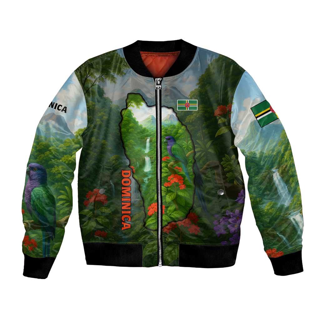 Dominica Nature Bomber Jacket Sisserou Parrot and Waterfall Island Map with National Flag Design - Wonder Print Shop