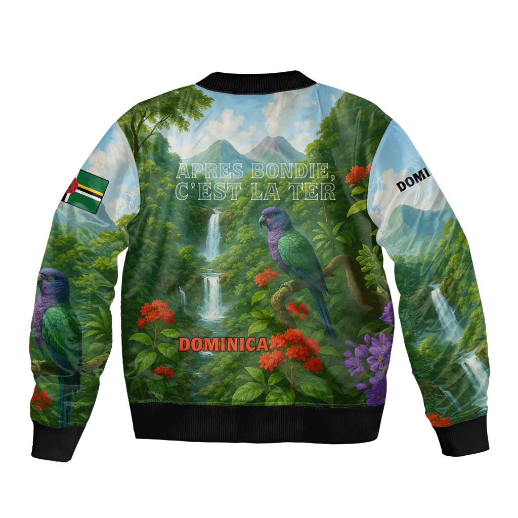 Dominica Nature Bomber Jacket Sisserou Parrot and Waterfall Island Map with National Flag Design - Wonder Print Shop