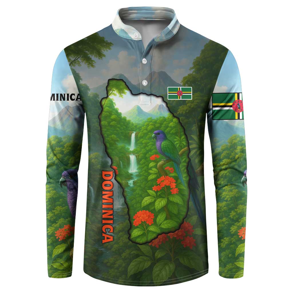 Dominica Nature Button Sweatshirt Sisserou Parrot and Waterfall Island Map with National Flag Design - Wonder Print Shop