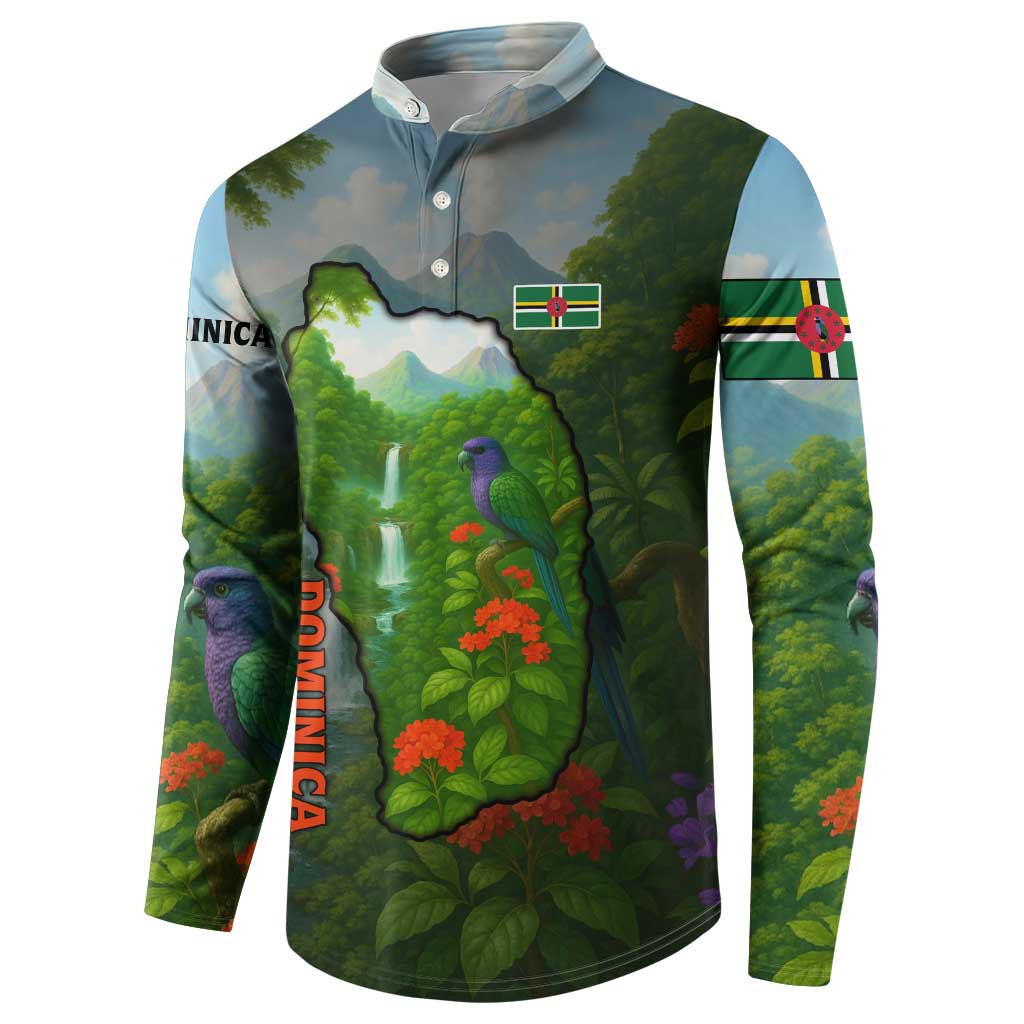 Dominica Nature Button Sweatshirt Sisserou Parrot and Waterfall Island Map with National Flag Design - Wonder Print Shop