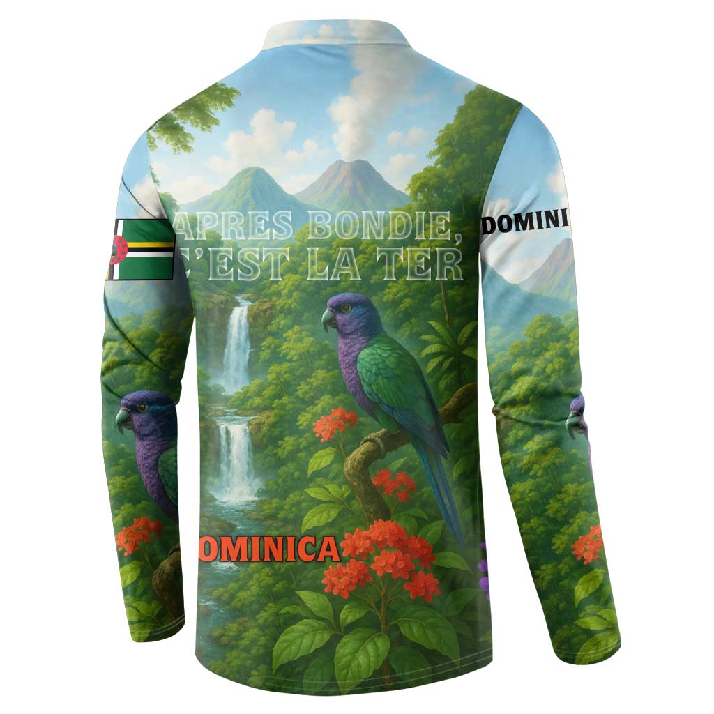 Dominica Nature Button Sweatshirt Sisserou Parrot and Waterfall Island Map with National Flag Design - Wonder Print Shop