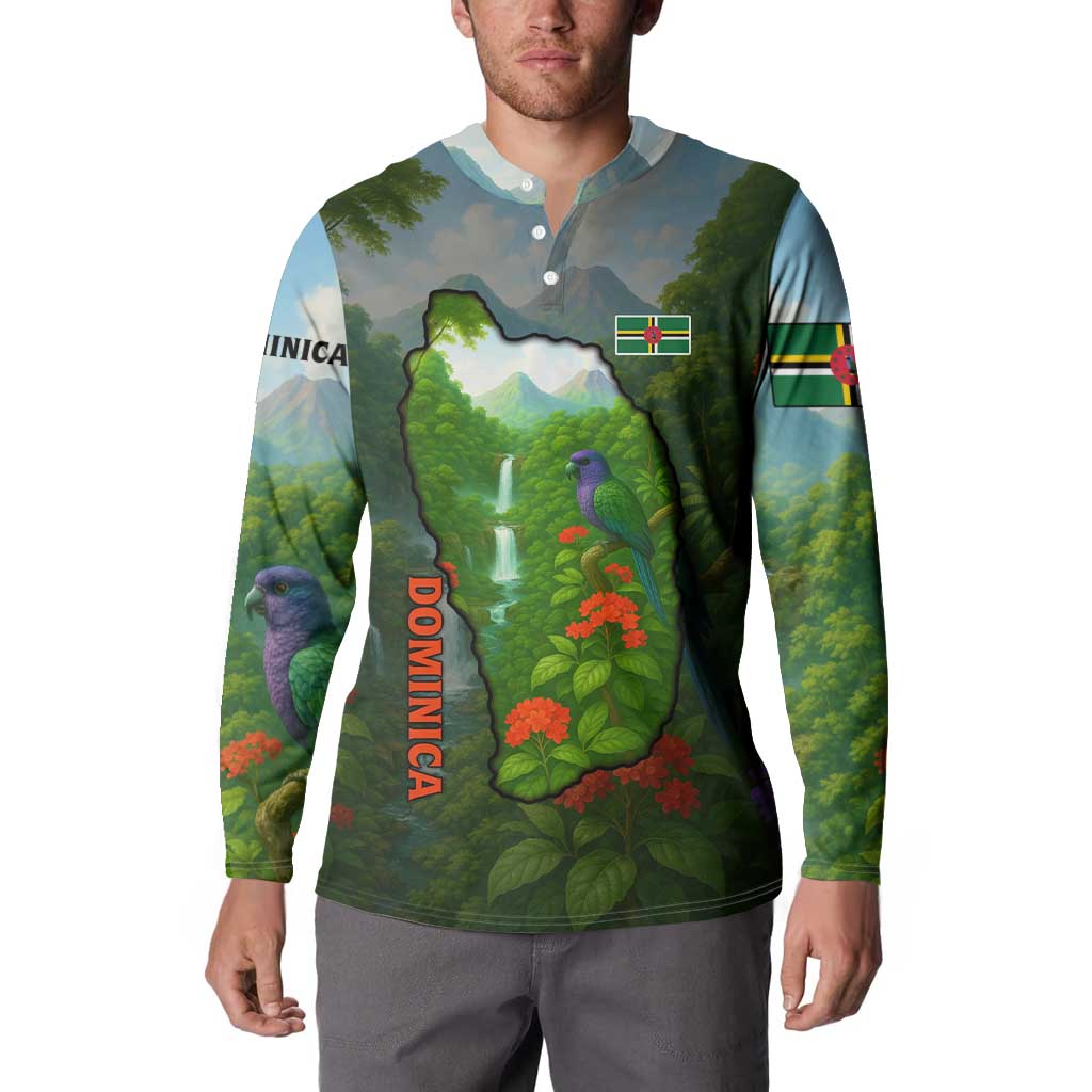 Dominica Nature Button Sweatshirt Sisserou Parrot and Waterfall Island Map with National Flag Design - Wonder Print Shop