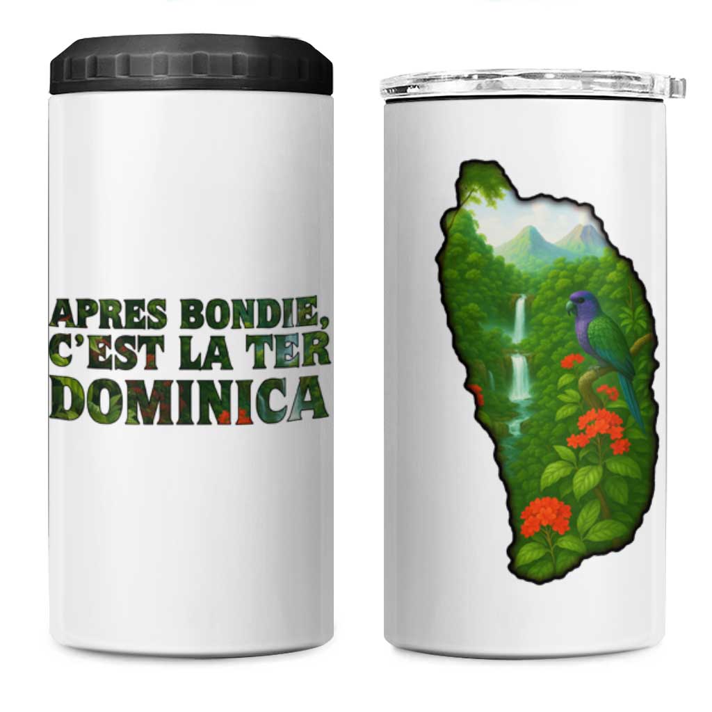 Dominica Nature 4 in 1 Can Cooler Tumbler Sisserou Parrot and Waterfall Island Map with National Flag Design - Wonder Print Shop