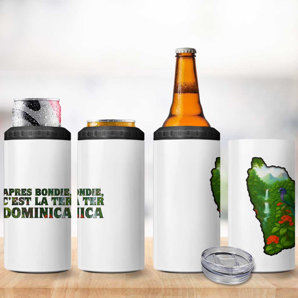 Dominica Nature 4 in 1 Can Cooler Tumbler Sisserou Parrot and Waterfall Island Map with National Flag Design - Wonder Print Shop