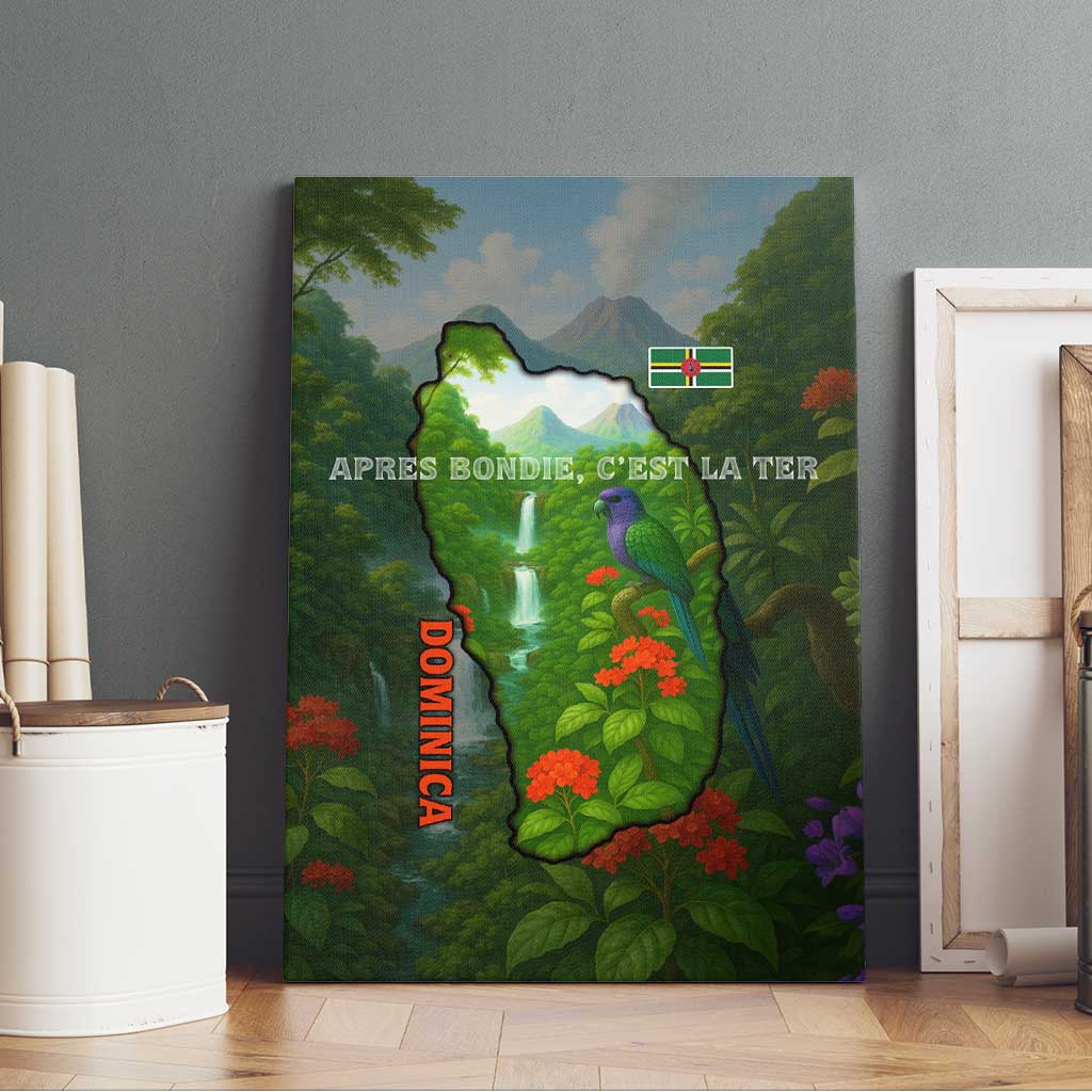 Dominica Nature Canvas Wall Art Sisserou Parrot and Waterfall Island Map with National Flag Design - Wonder Print Shop