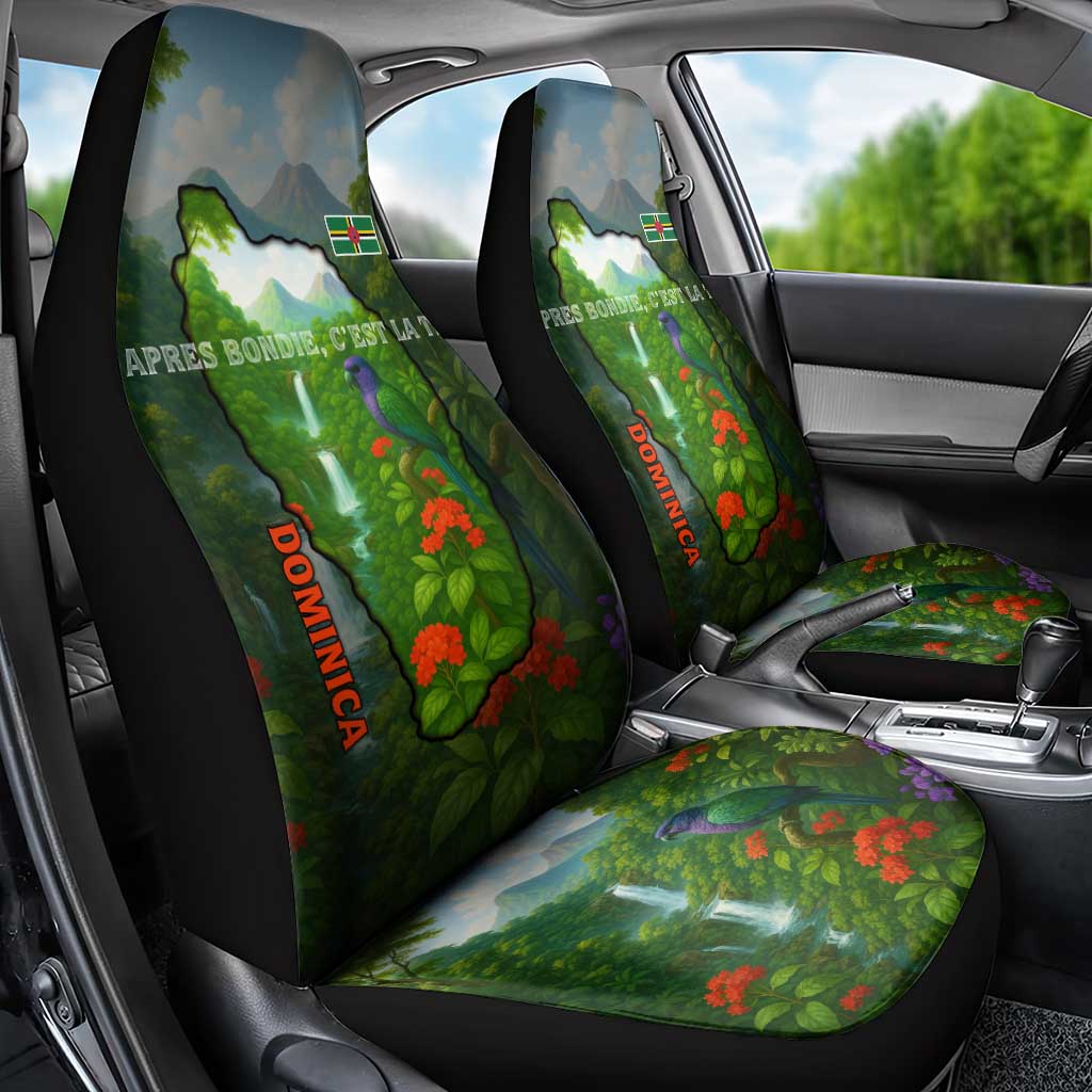 Dominica Nature Car Seat Cover Sisserou Parrot and Waterfall Island Map with National Flag Design - Wonder Print Shop