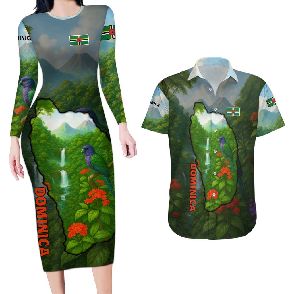 Dominica Nature Couples Matching Long Sleeve Bodycon Dress and Hawaiian Shirt Sisserou Parrot and Waterfall Island Map with National Flag Design - Wonder Print Shop