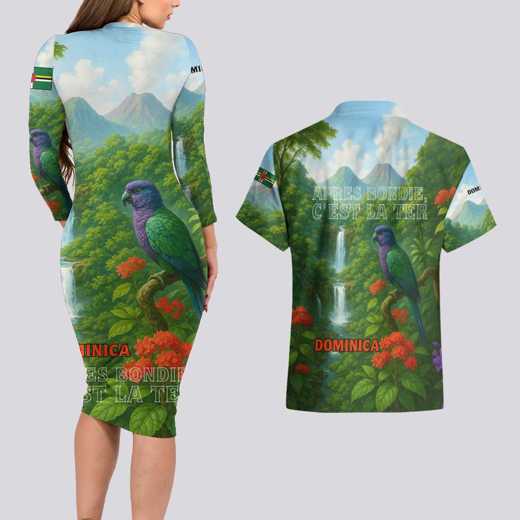 Dominica Nature Couples Matching Long Sleeve Bodycon Dress and Hawaiian Shirt Sisserou Parrot and Waterfall Island Map with National Flag Design - Wonder Print Shop