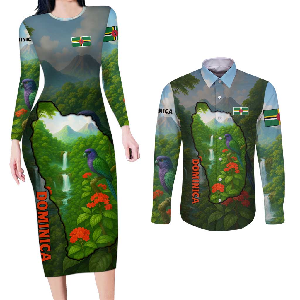 Dominica Nature Couples Matching Long Sleeve Bodycon Dress and Long Sleeve Button Shirt Sisserou Parrot and Waterfall Island Map with National Flag Design - Wonder Print Shop