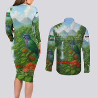 Dominica Nature Couples Matching Long Sleeve Bodycon Dress and Long Sleeve Button Shirt Sisserou Parrot and Waterfall Island Map with National Flag Design - Wonder Print Shop