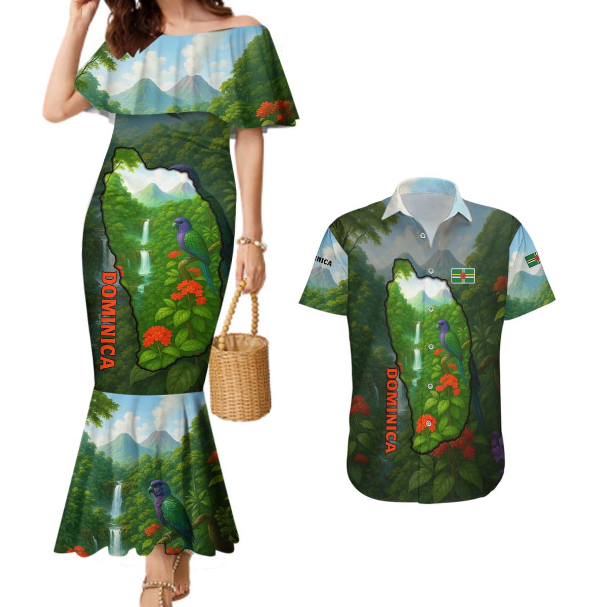 Dominica Nature Couples Matching Mermaid Dress and Hawaiian Shirt Sisserou Parrot and Waterfall Island Map with National Flag Design - Wonder Print Shop