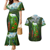 Dominica Nature Couples Matching Mermaid Dress and Hawaiian Shirt Sisserou Parrot and Waterfall Island Map with National Flag Design - Wonder Print Shop