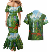 Dominica Nature Couples Matching Mermaid Dress and Hawaiian Shirt Sisserou Parrot and Waterfall Island Map with National Flag Design - Wonder Print Shop